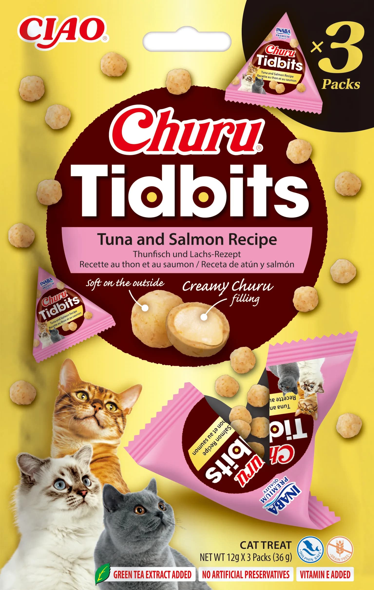 Churu Tidbits 3P Uzupełniająca karma dla kotów formuła z tuńczykiem i łososiem 3 × 12 g