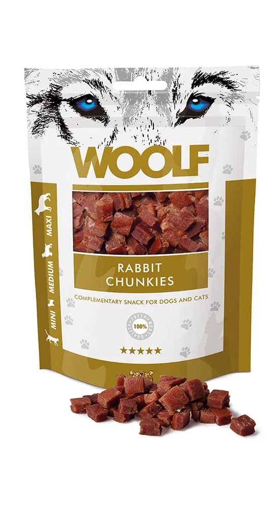 Woolf Rabbit Chunkies przysmak dla psa kostki z królikiem 100 g