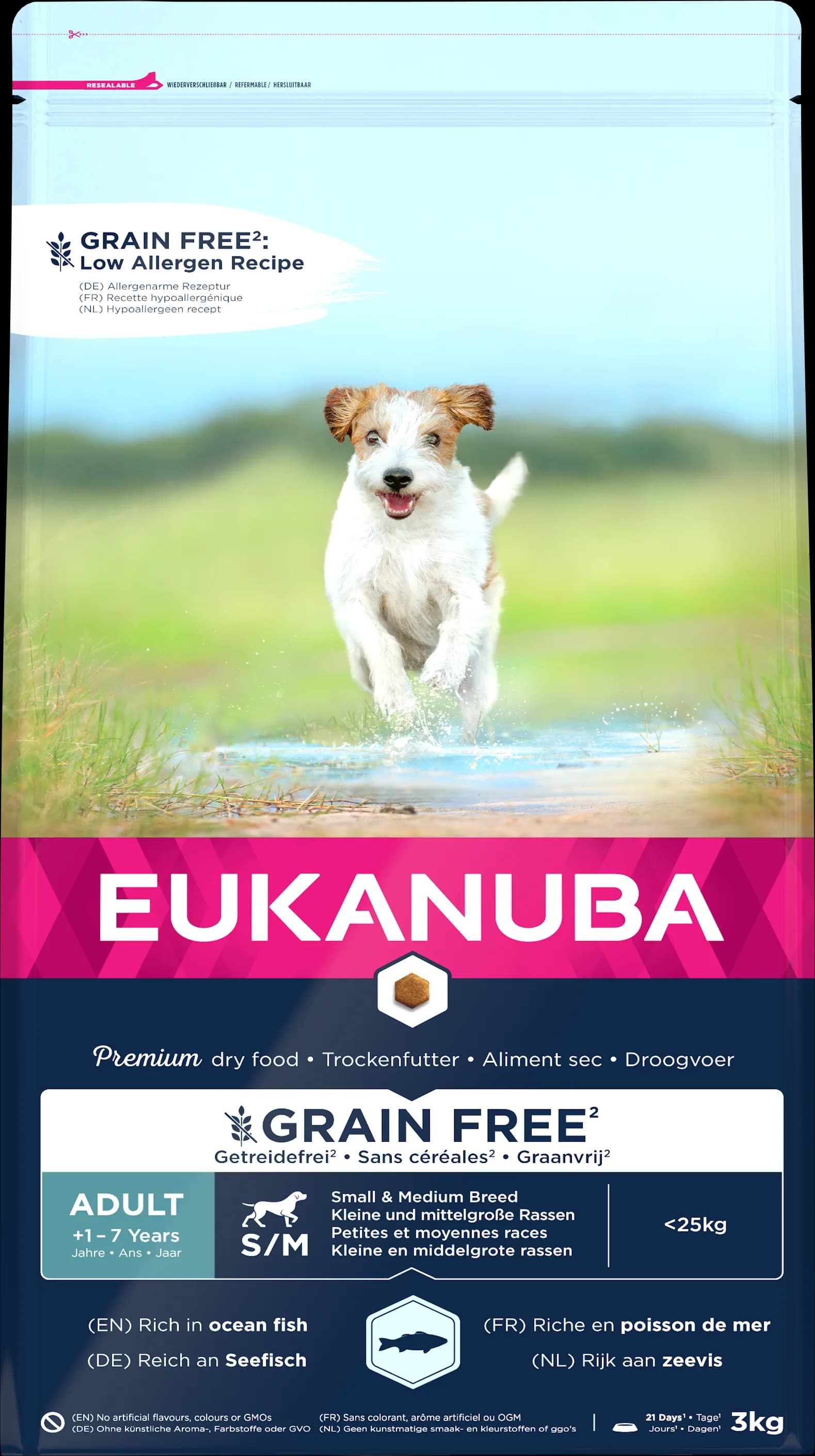 EUKANUBA PIES DOROSŁY MAŁA I ŚREDNIA RASA BEZ ZBÓŻ RYBA OCEANICZNA - różna waga 3 kg