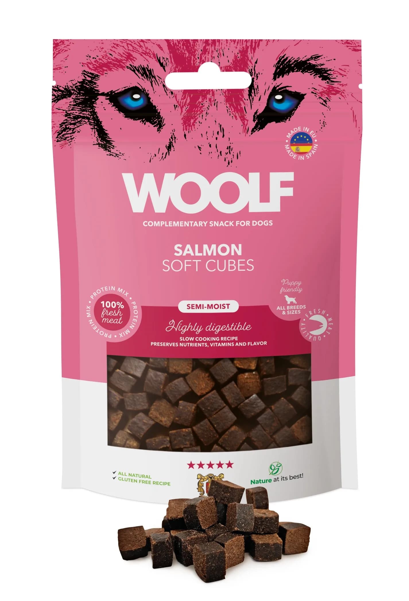 WOOLF SOFT CUBES SALMON MIĘKKIE MONOPROTEIN Przysmak dla Psa Kosteczki z Łososia 100 g