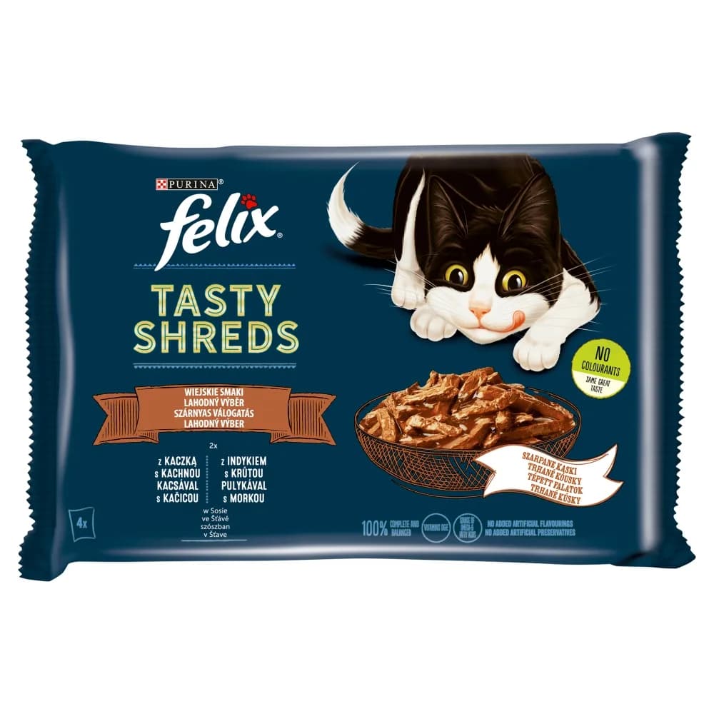 Felix Tasty Shreds Karma dla dorosłych kotów wiejskie smaki w sosie 320 g (4 × 80 g)