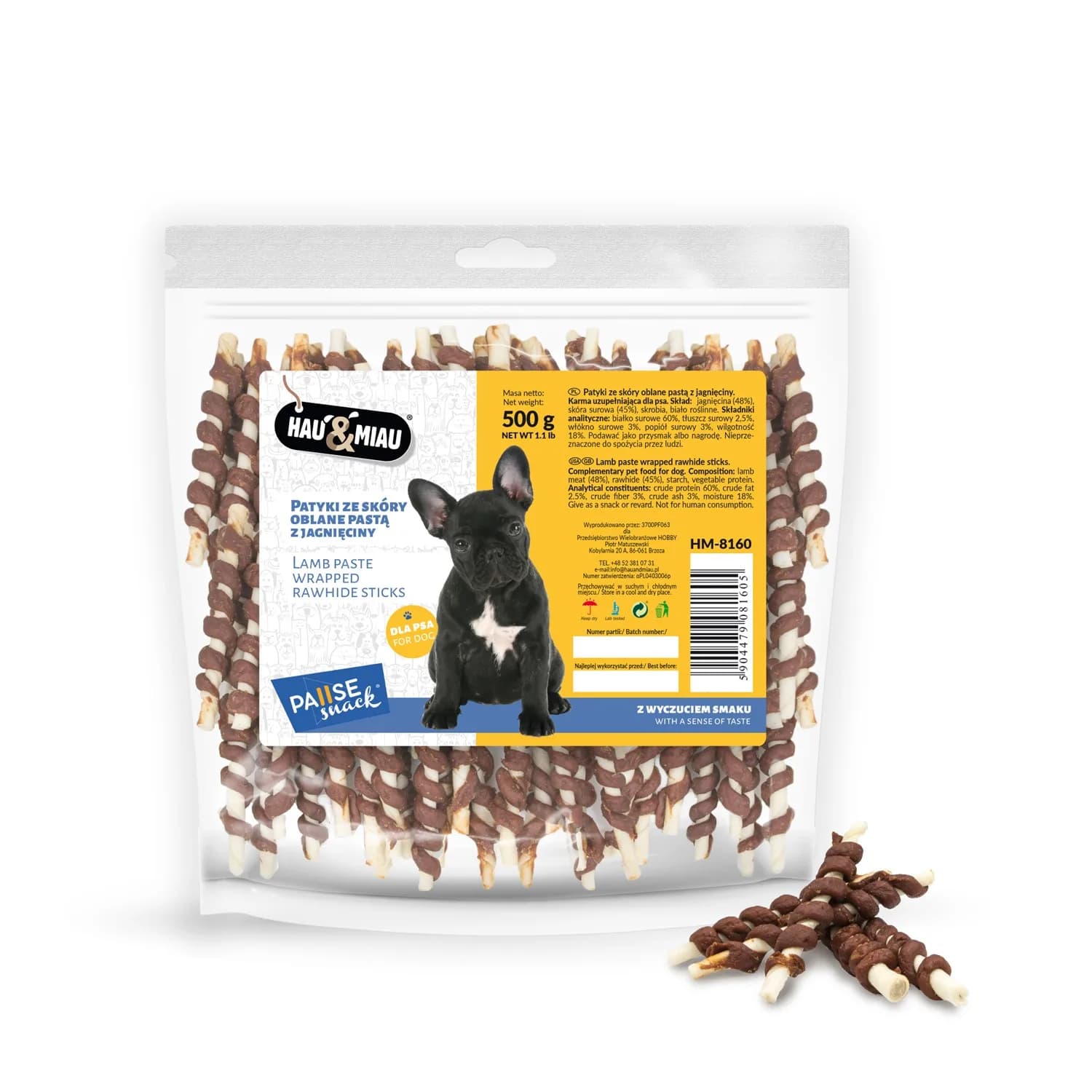 Hau&Miau Pausesnack przysmak dla psa patyki ze skóry oblane pastą z jagnięciny 500 g
