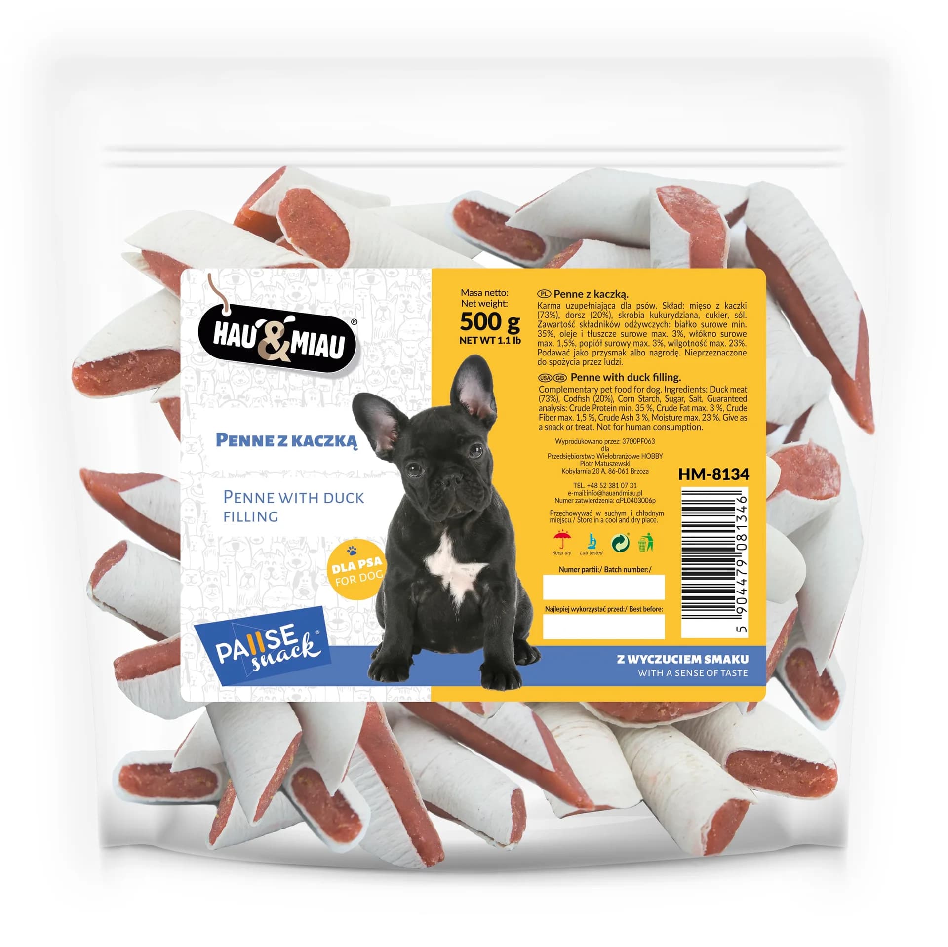 Hau&Miau Pausesnack przysmak dla psa penne z kaczką 500 g