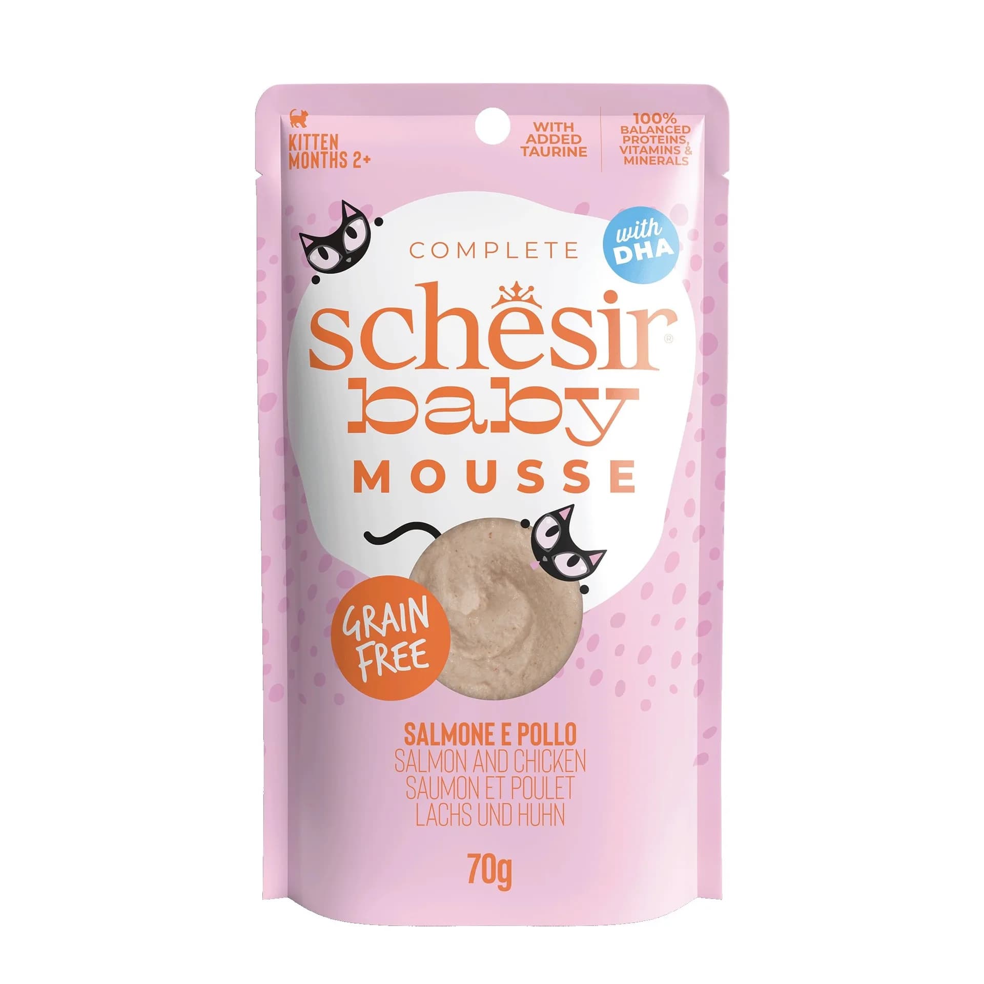 Schesir Baby Mousse karma mokra dla kota łosoś z kurczakiem 70 g
