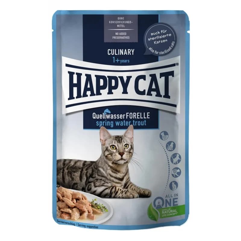 Happy Cat mokra karma, dla kotów dorosłych, pstrąg, 85 g, saszetka