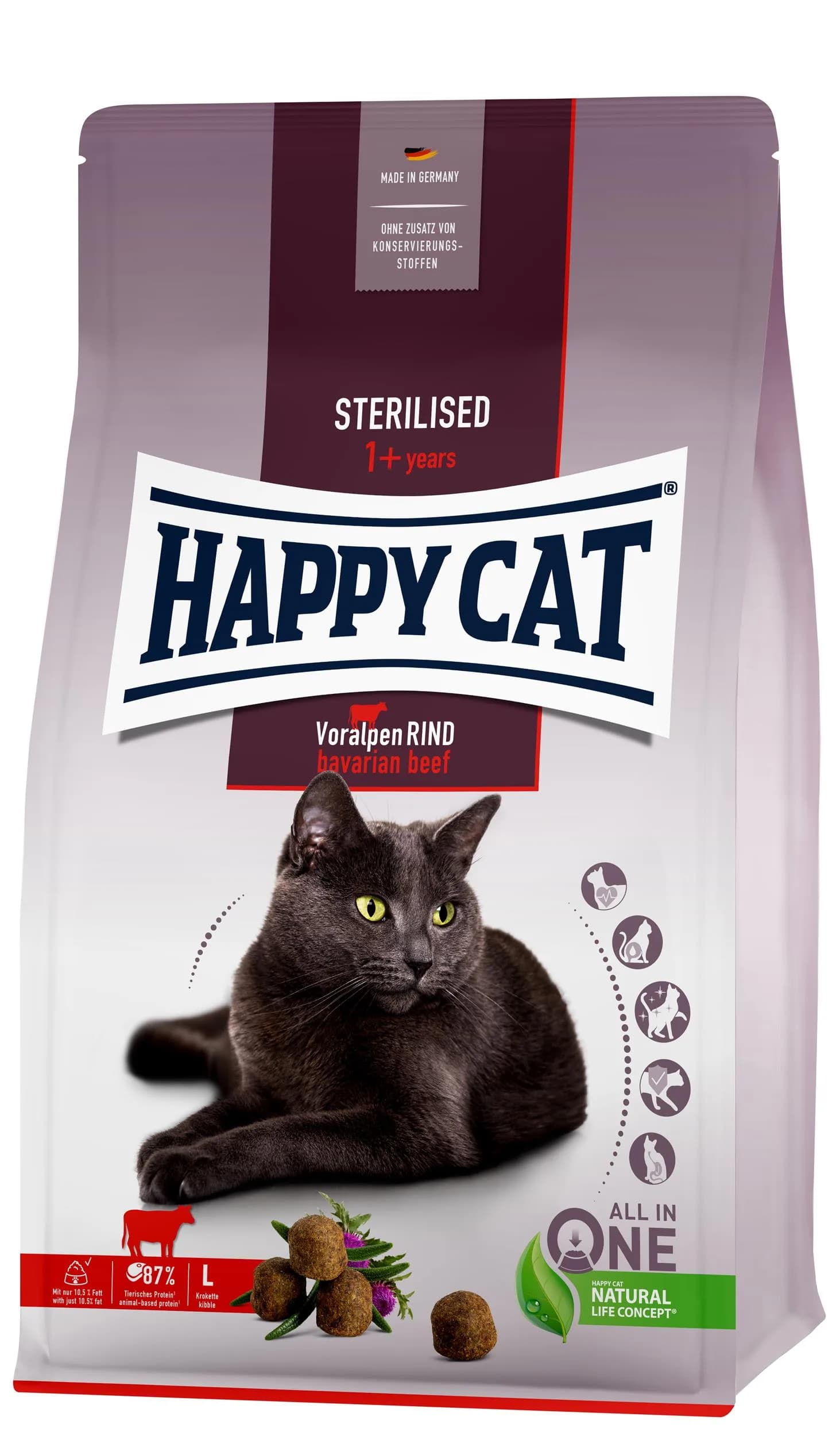 Happy Cat Sterilised Adult Voralpen-Rind karma sucha dla kota po sterylizacji wołowina 0,3 kg / 1,3 kg / 4 kg / 10 kg