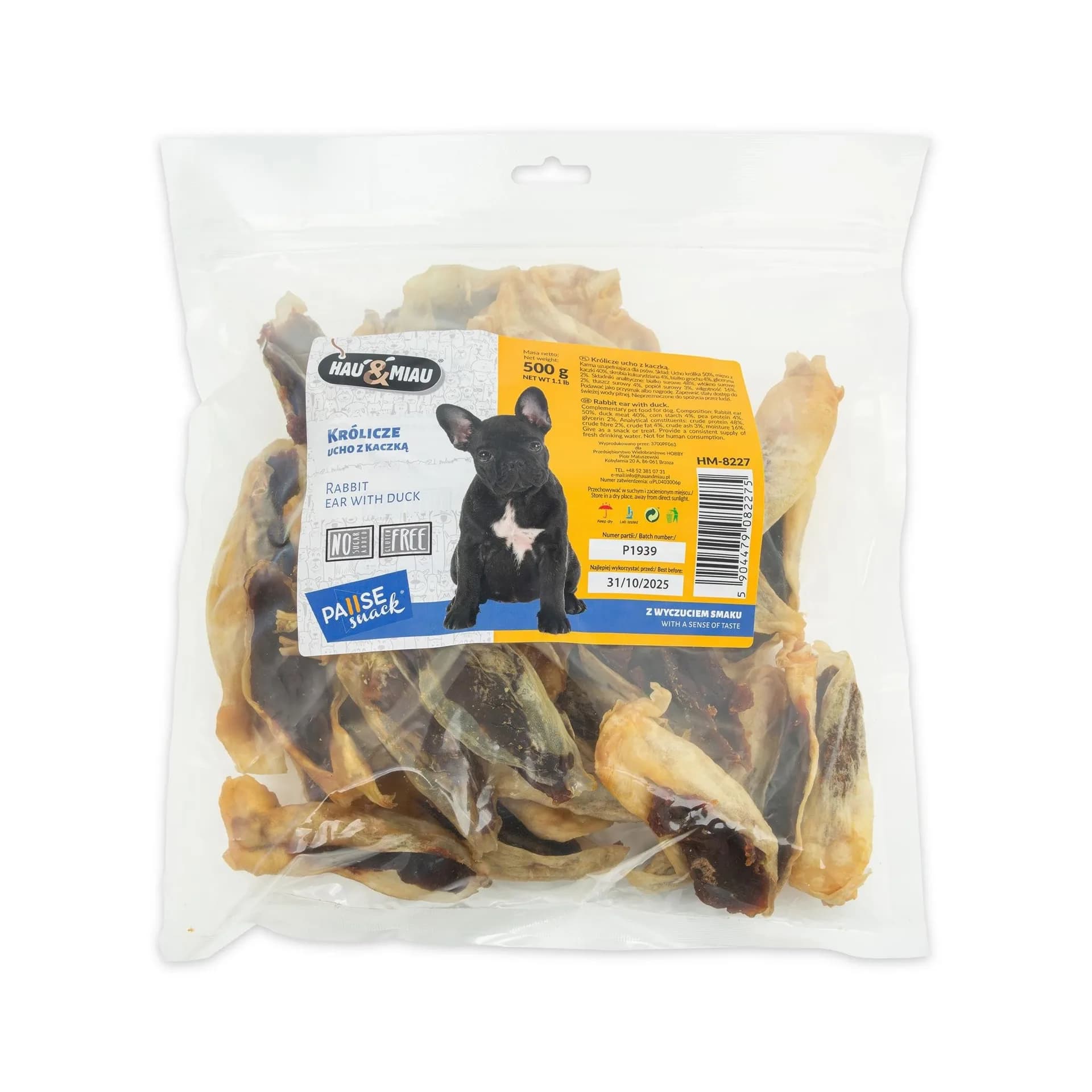 Pausesnack przysmak dla psa, królicze ucho z kaczką 500 g