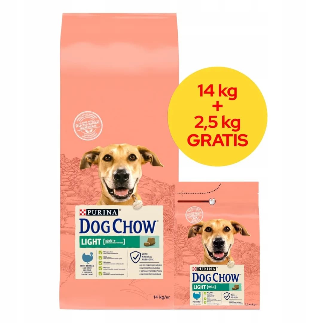 Purina Dog Chow Light Adult karma sucha z indykiem dla dorosłych psów ze skłonnością do nadwagi 14 kg + 2,5 kg