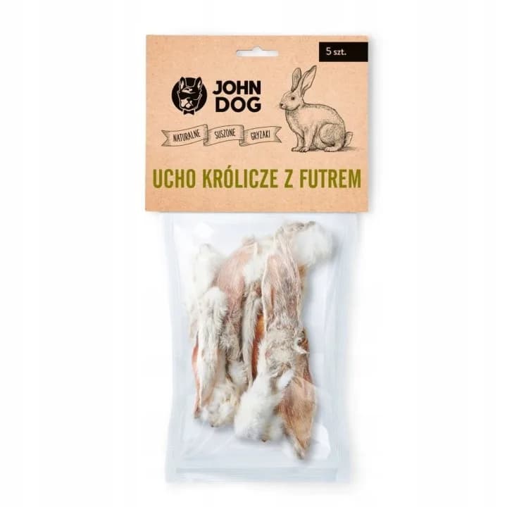 JOHN DOG UCHO KRÓLICZE Z FUTREM 100% 5 szt GRYZAK SMAKOŁYK NAGRODA DLA PSA