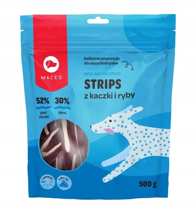 Przysmak dla Psa Smakołyki Maced Strips z Kaczki i Dorsza Smakołyki 500 g