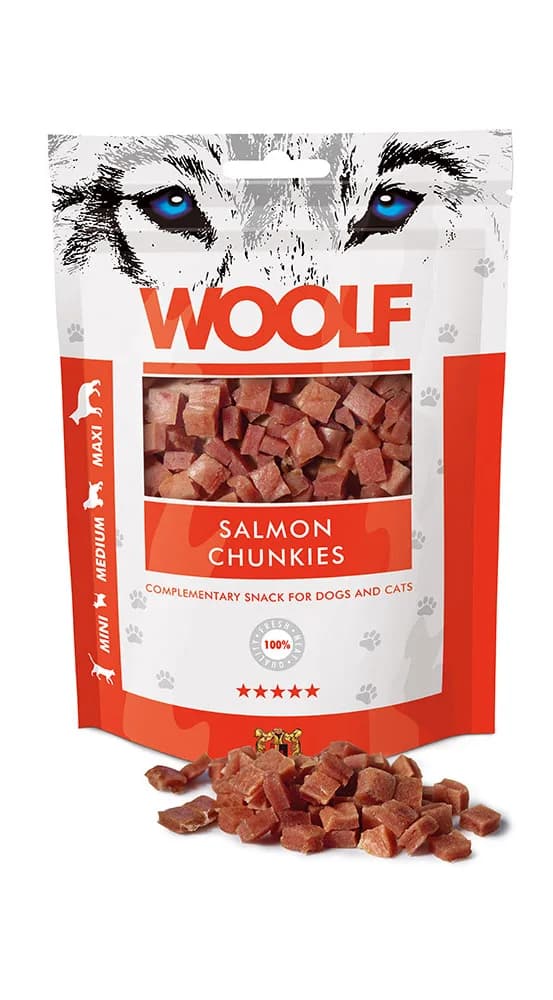 WOOLF SOFT SALMON CHUNKIES Smaczki dla Psa kostki kawałki z Łososia 100 g