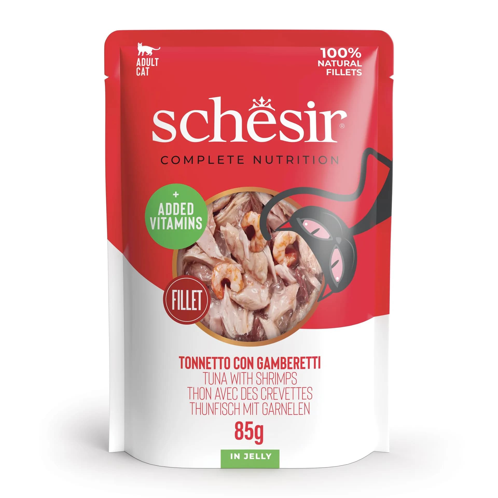 Schesir Complete & Balanced karma mokra z tuńczykiem i krewetkami w galaretce dla dorosłych kotów 85 g