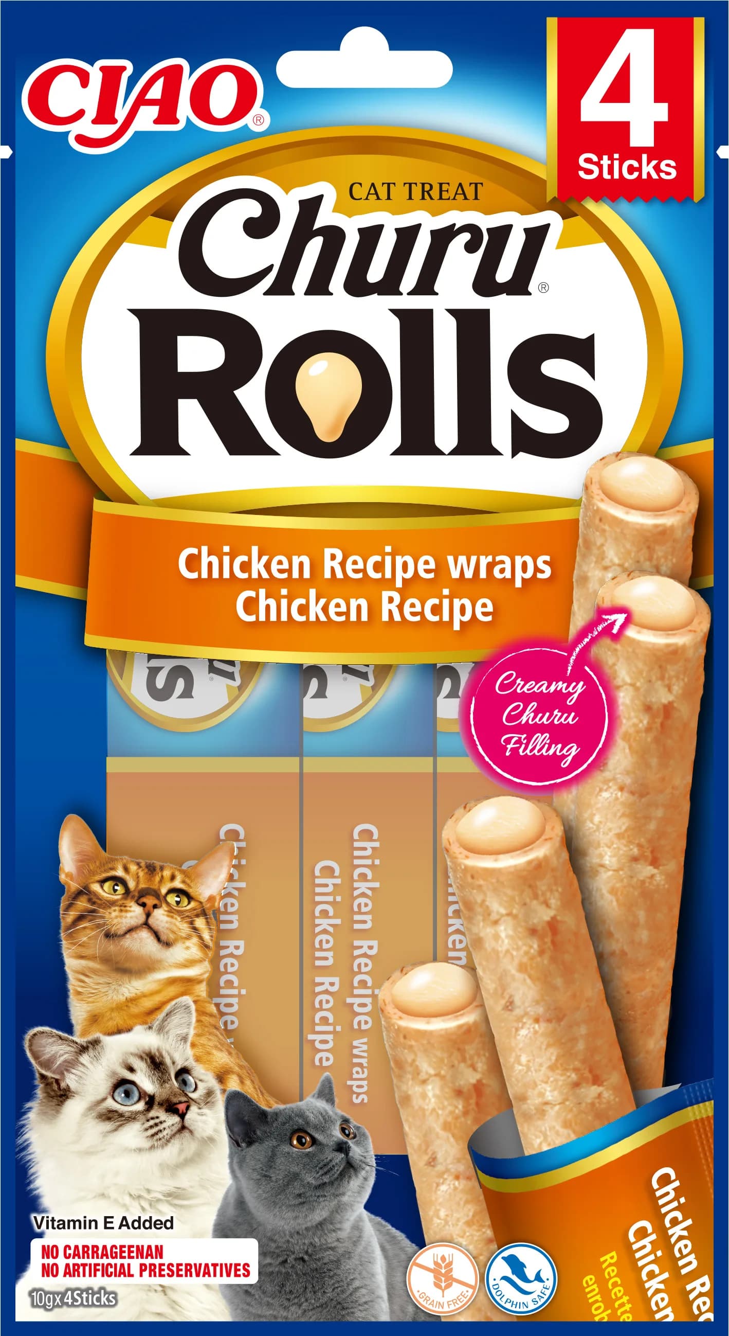 INABA CAT CHURU ROLLS CHICKEN WRAPS CHICKEN 4 × 10 g