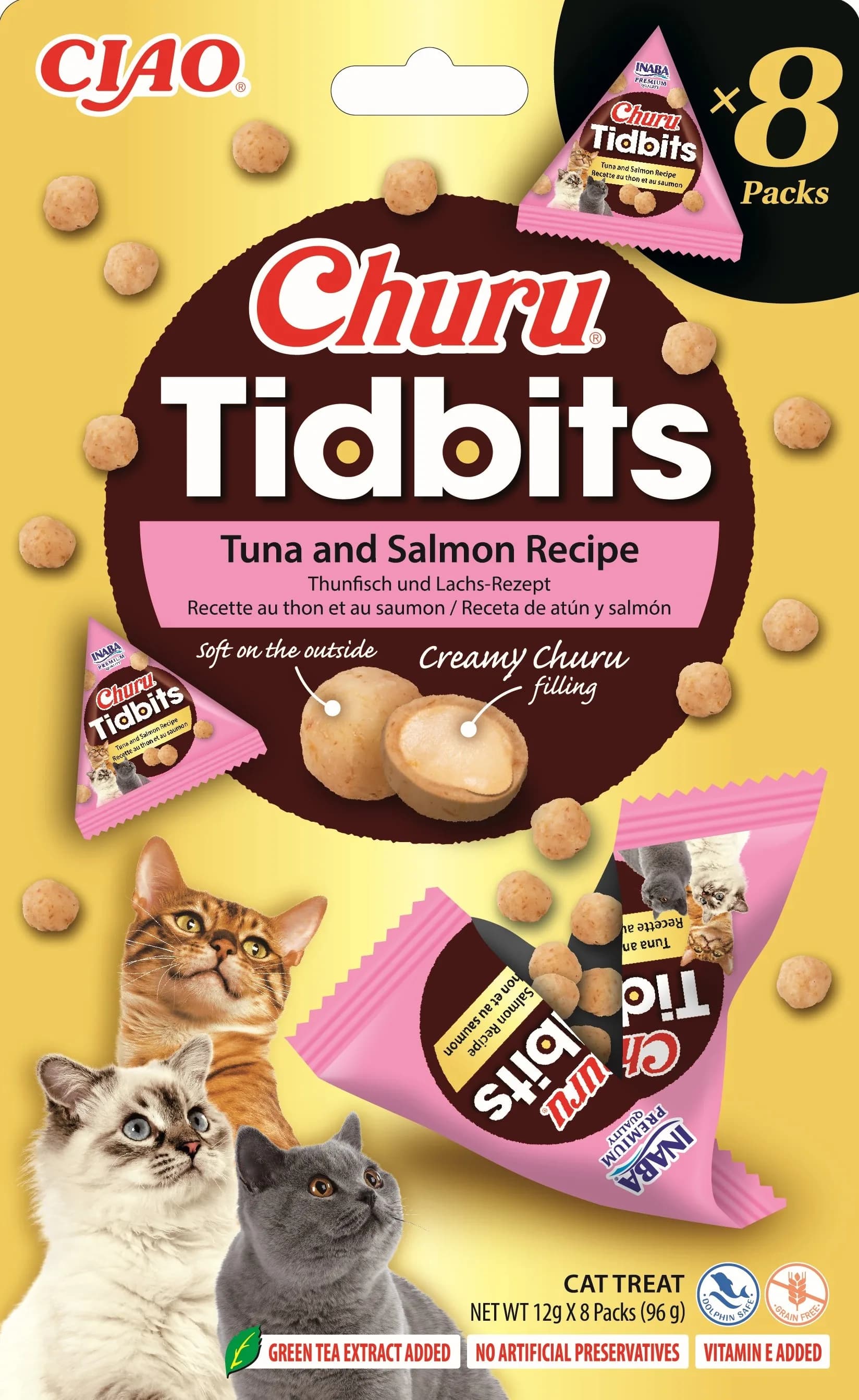 Churu Tidbits 8P Uzupełniająca karma dla kotów formuła z tuńczykiem i łososiem 8 × 12 g