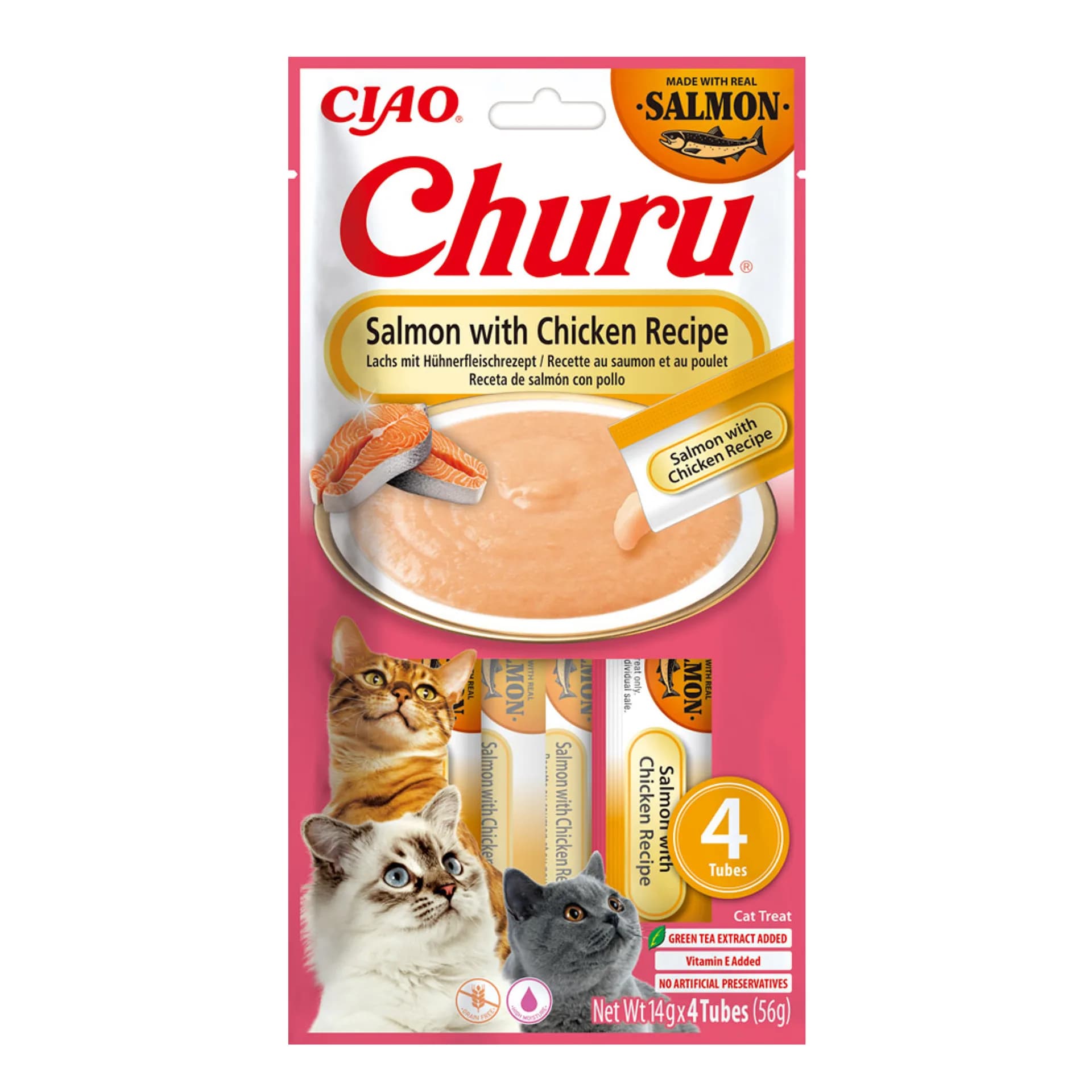 INABA CAT CHURU Łosoś z kurczakiem – Przysmak dla kota 4 × 14 g (56 g)