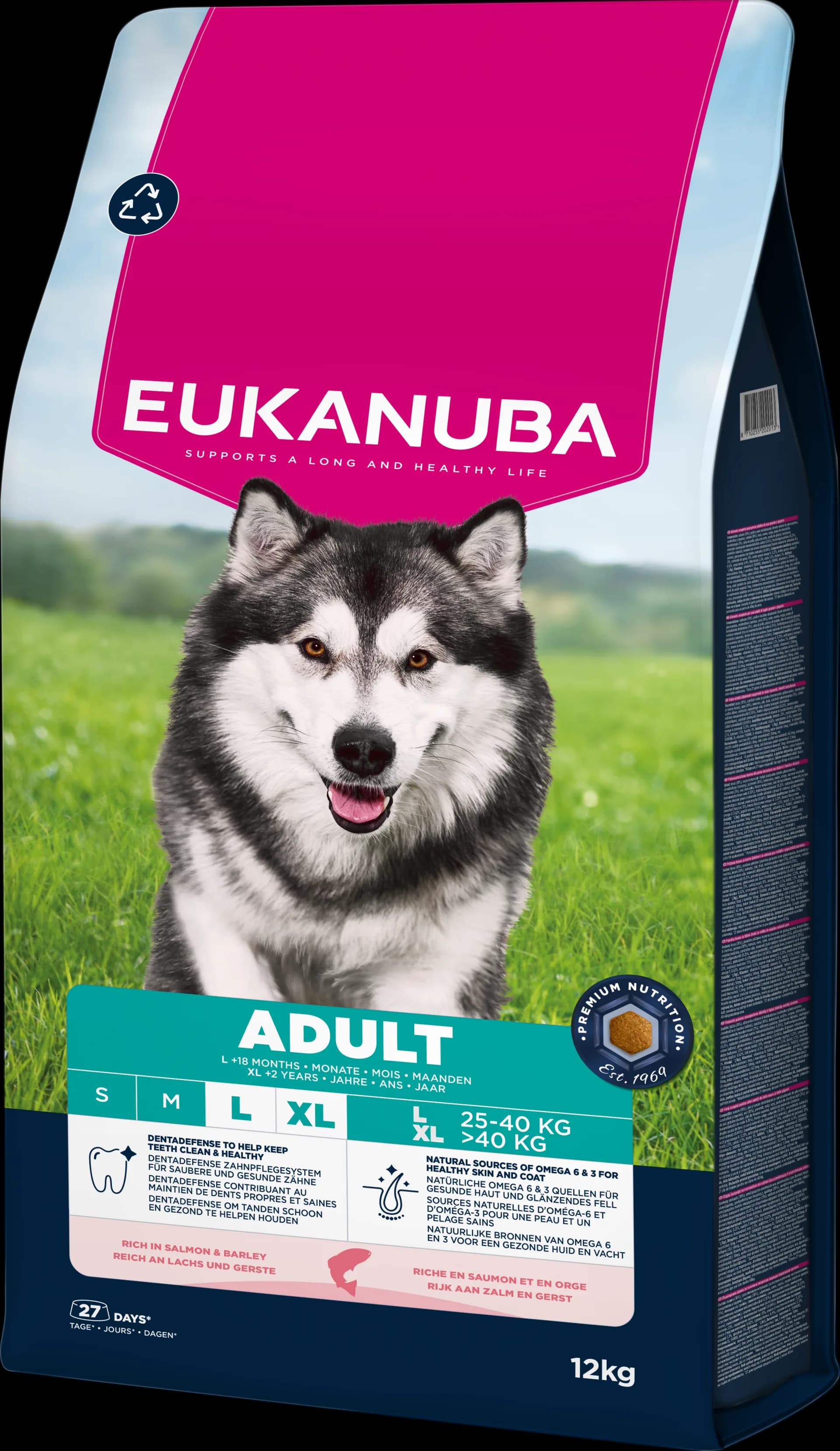 Eukanuba dog life care adult sucha karma dla dorosłych psów dużych ras łosoś i jęczmień 12 kg