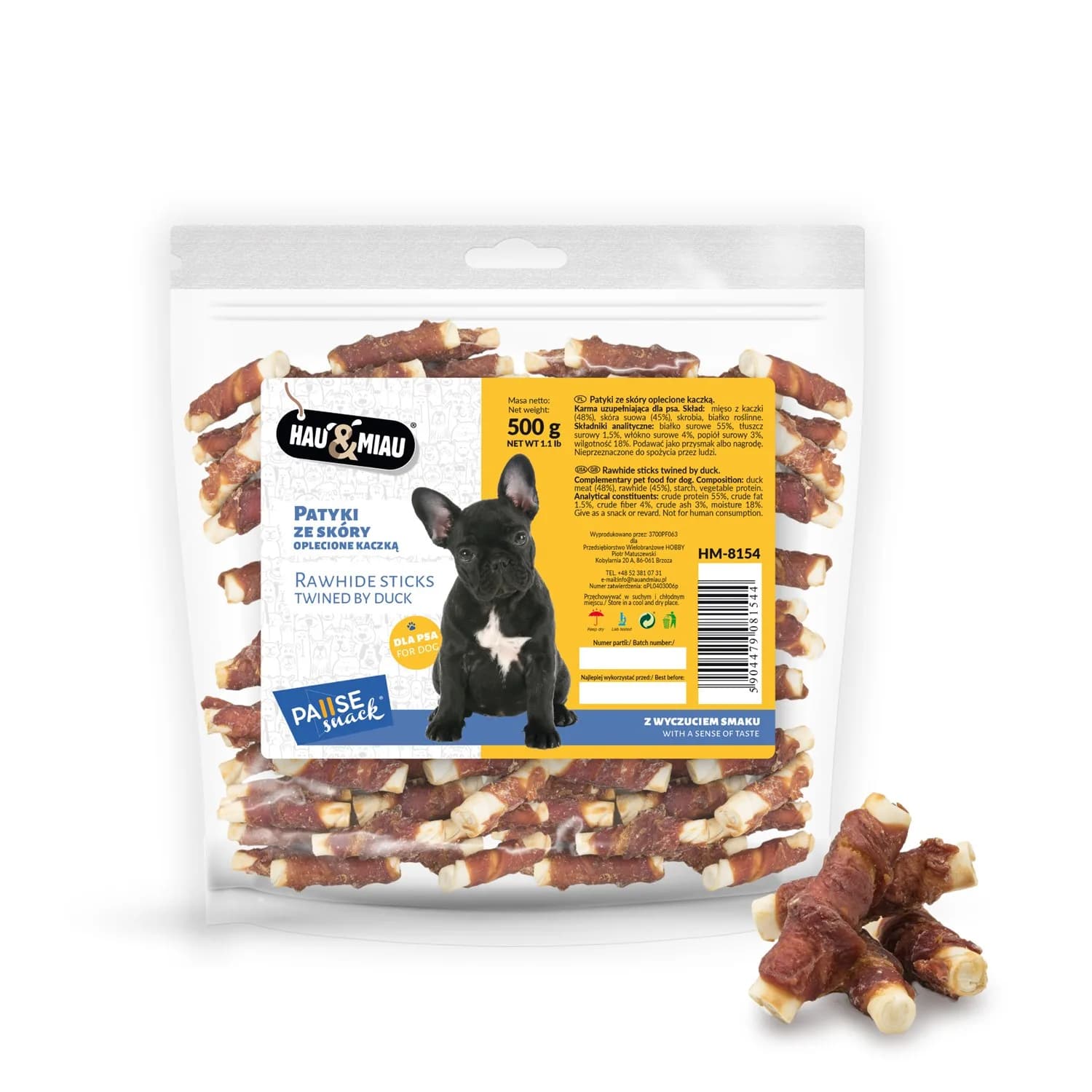 Hau&Miau Pausesnack przysmak dla psa patyki ze skóry oplecione kaczką 500 g
