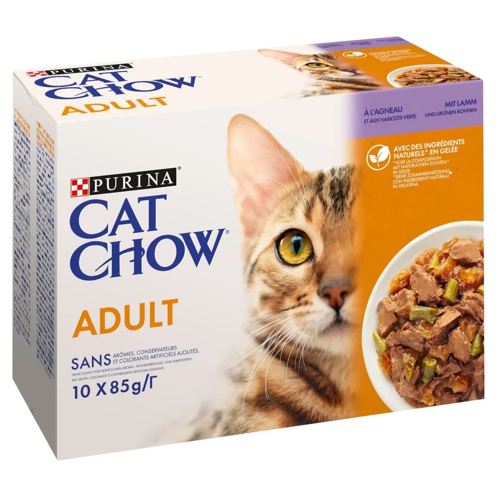 Purina Cat Chow Adult karma mokra z jagnięciną i zieloną fasolką w sosie dla dorosłych kotów 10 × 85 g