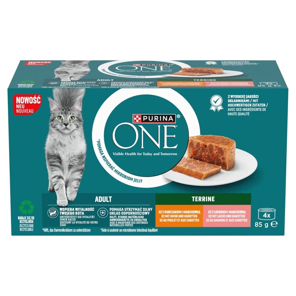 Purina ONE Adult Terrine karma mokra z kurczakiem i łososiem dla dorosłych kotów 4 × 85 g