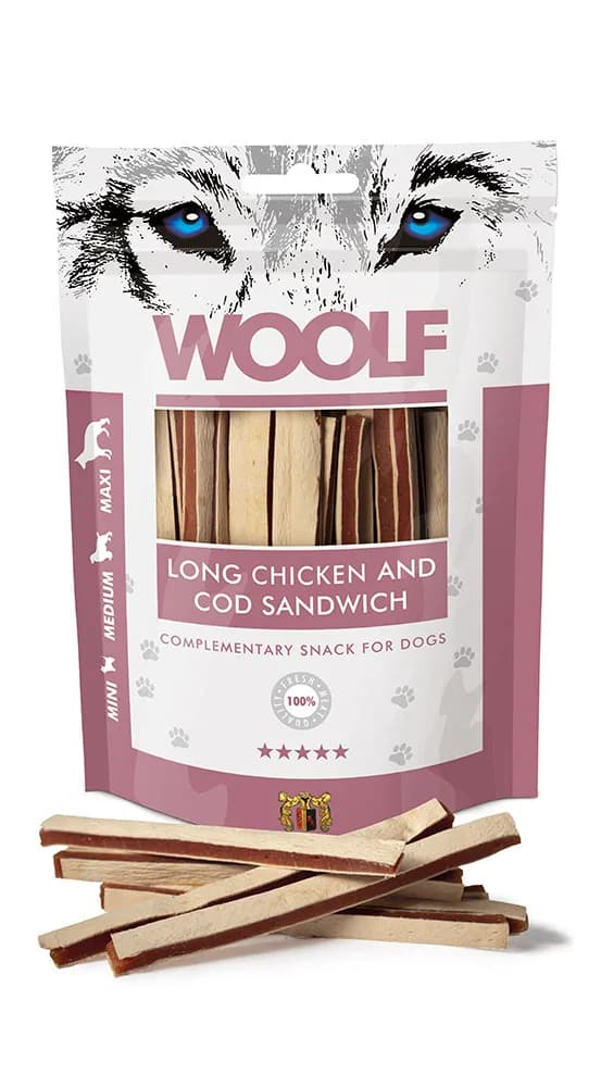 WOOLF LONG CHICKEN AND COD SANDWICH Woolf Przysmak dla Psa Paski Kurczak Dorsz 100 g