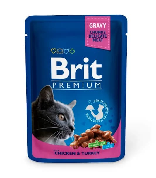 Brit Premium Pouch Gravy Chunks Delicate Meat Chicken & Turkey mokra karma dla kotów z kurczakiem 100 g