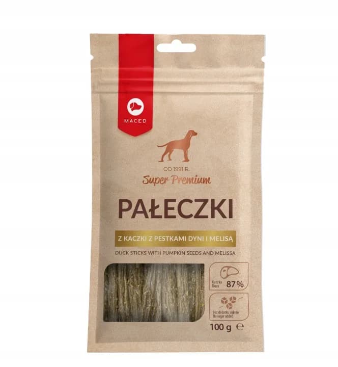 Przysmak dla Psa Maced Pałeczki z Kaczki z Pestkami Dynii i Melisą 100 g
