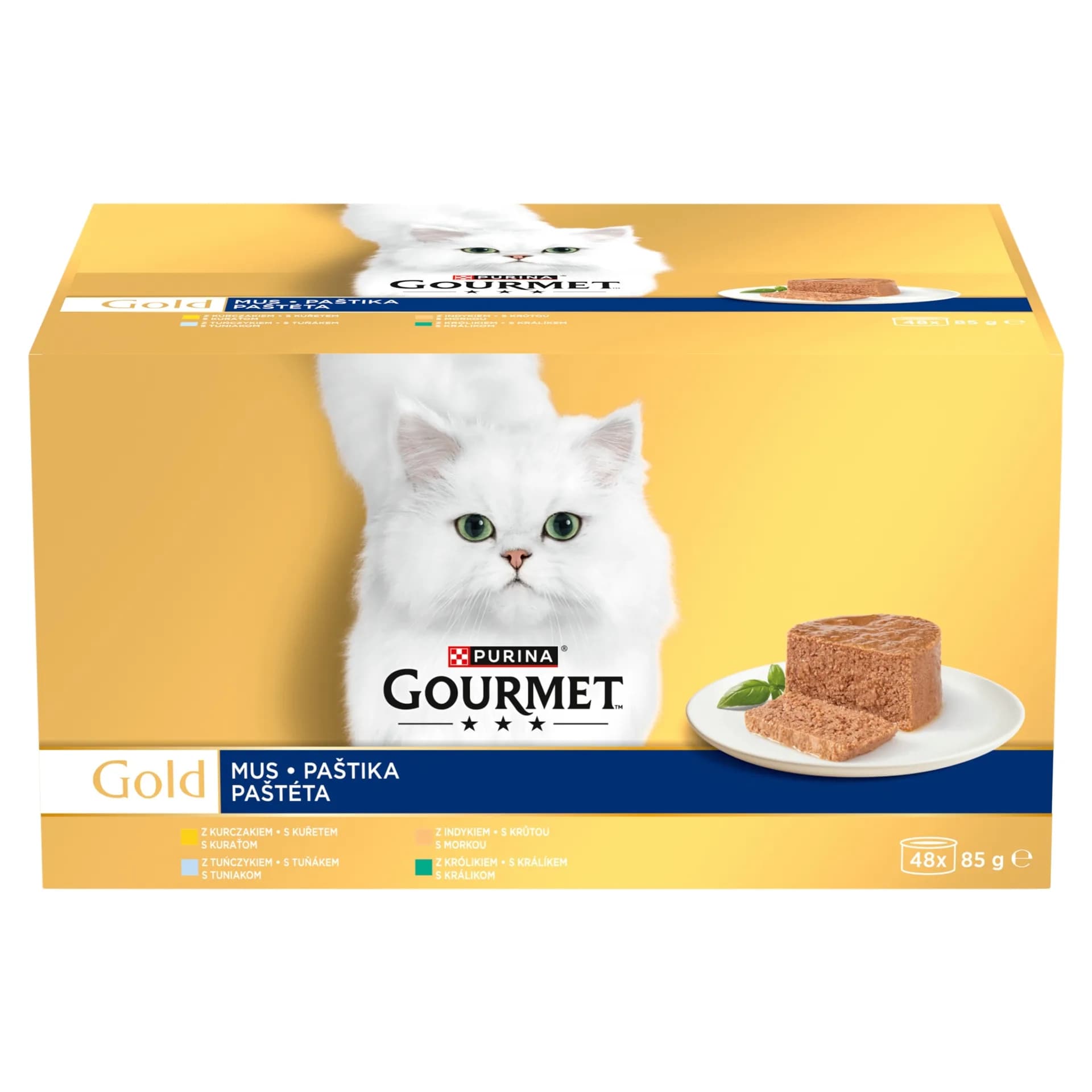 Gourmet Gold Mus karma mokra z kurczakiem, indykiem, tuńczykiem i królikiem dla dorosłych kotów 48 × 85 g