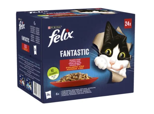 Felix Fantastic Wiejskie Smaki karma mokra z kurczakiem, wołowiną, królikiem i jagnięciną w galaretce dla dorosłych kotów 24 × 85 g