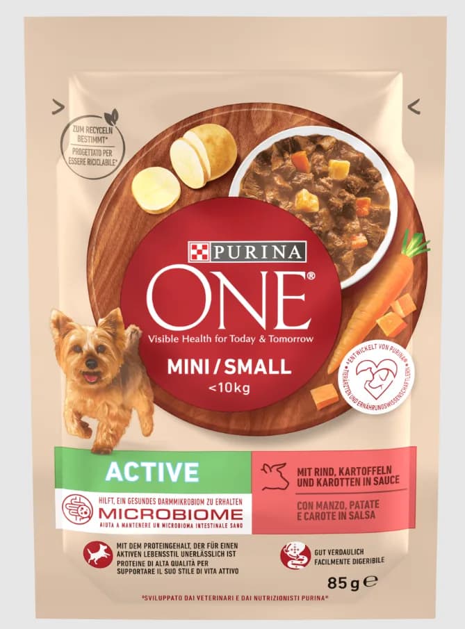 Purina One Mini/Small Active karma mokra z wołowiną, ziemniakami i marchewką w sosie dla dorosłych psów małych ras 85 g