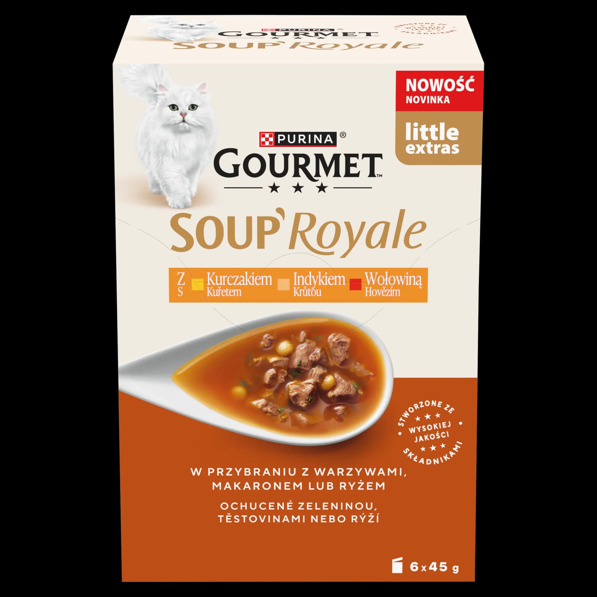 Gourmet Soup Royale karma mokra w formie zupy z wołowiną, kurczakiem i indykiem dla dorosłych kotów 6 × 45 g