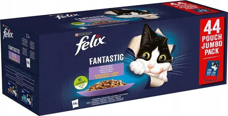 Felix Fantastic Wybór Smaków karma mokra z kurczakiem, wołowiną, łososiem i tuńczykiem w galaretce dla dorosłych kotów 44 × 85 g