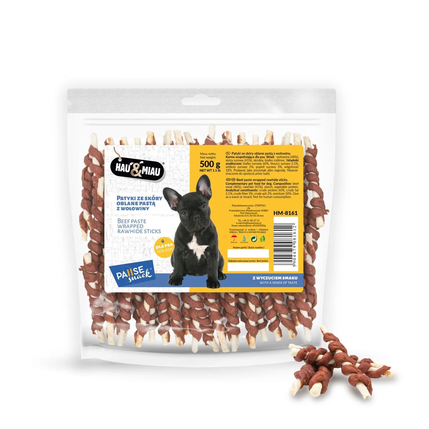 Hau&Miau Pausesnack przysmak dla psa patyki ze skóry oblane pastą z wołowiny 500 g