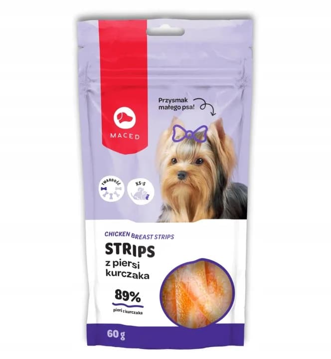 Przysmaki dla Małego Psa Smakołyki Maced Strips Mini z Piersi Kurczaka 60 g