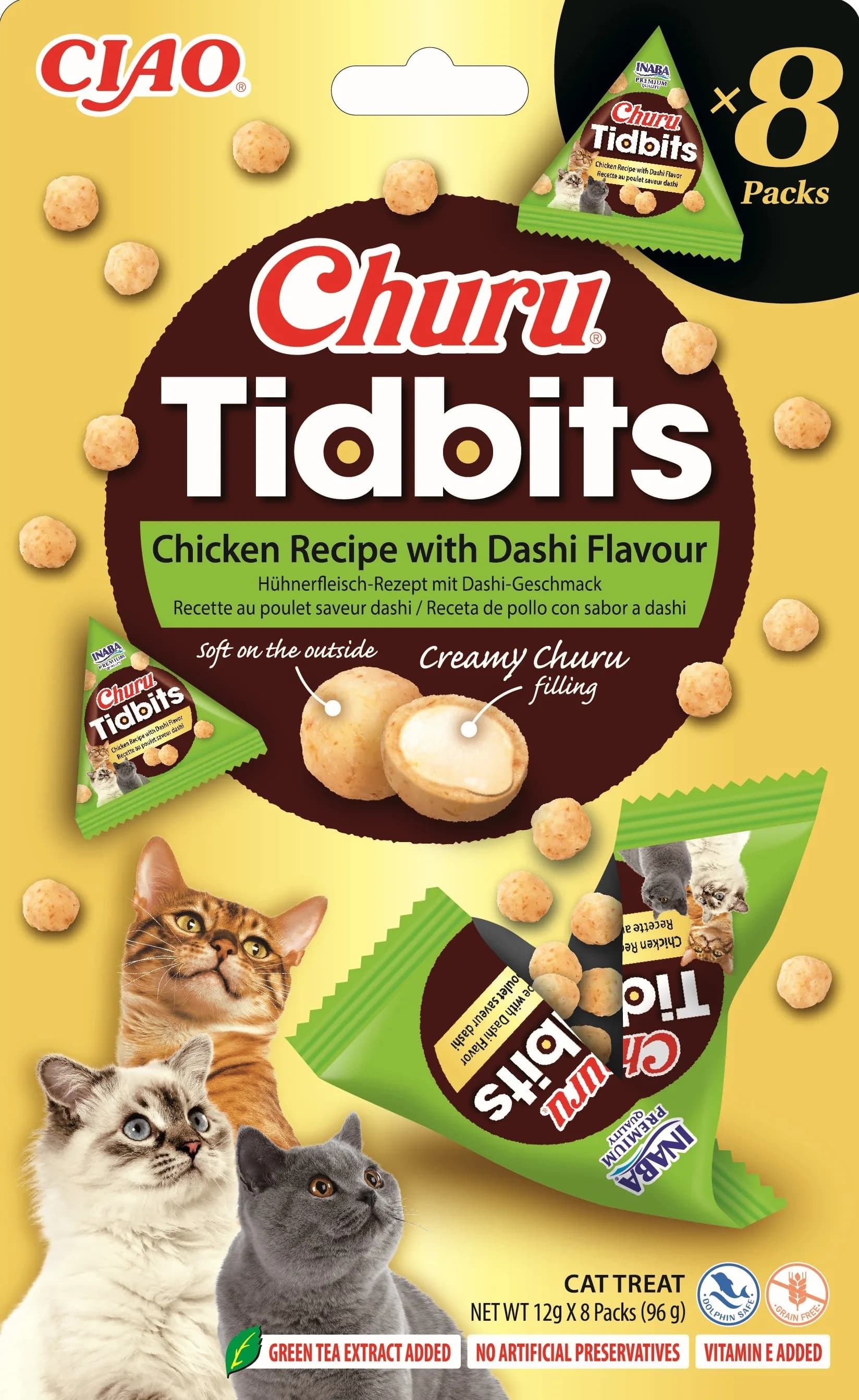 Churu Tidbits 8P Uzupełniająca karma dla kotów formuła z kurczakiem o smaku bulionu dashi 8 × 12 g