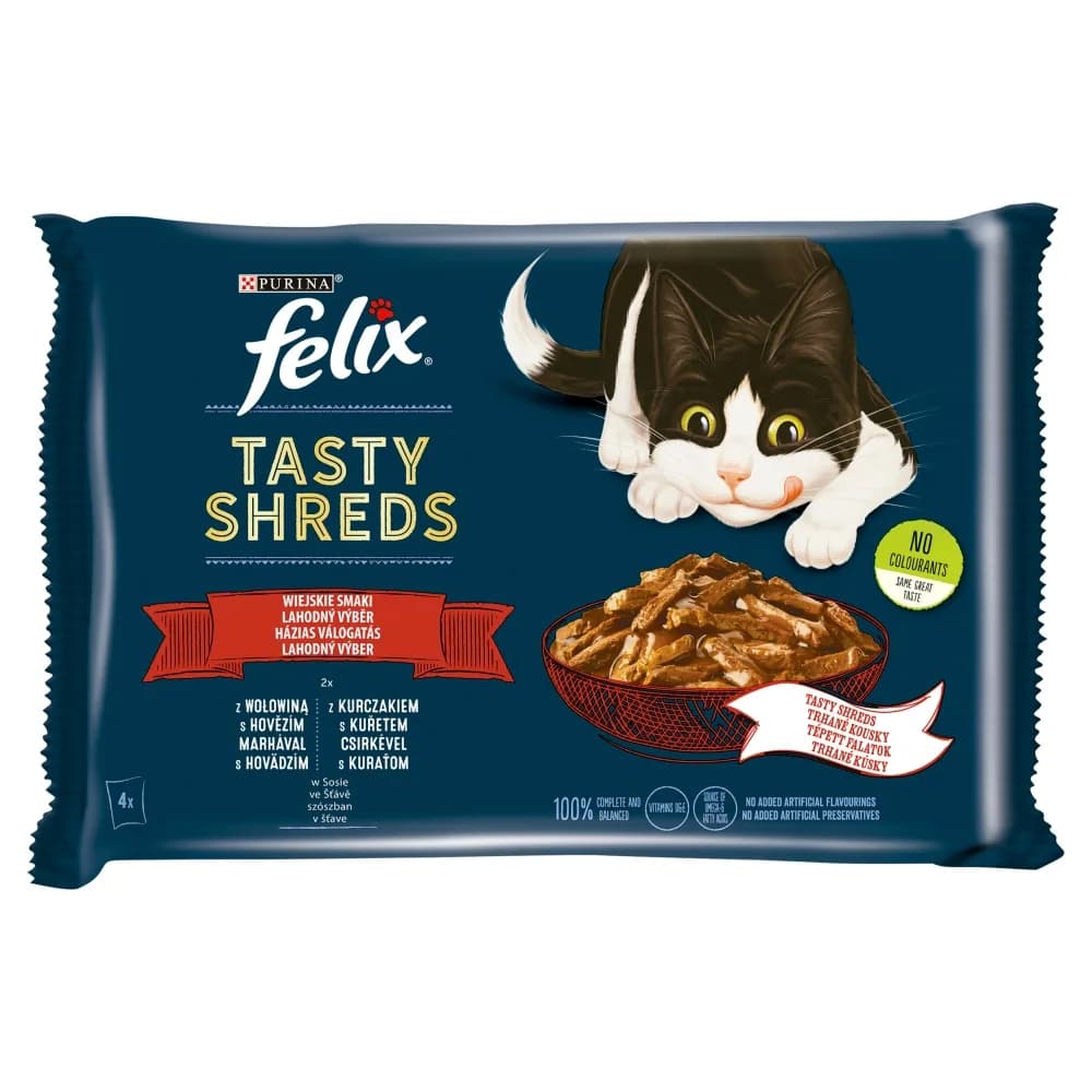 Felix Tasty Shreds Karma dla dorosłych kotów wiejskie smaki w sosie 320 g (4 × 80 g)