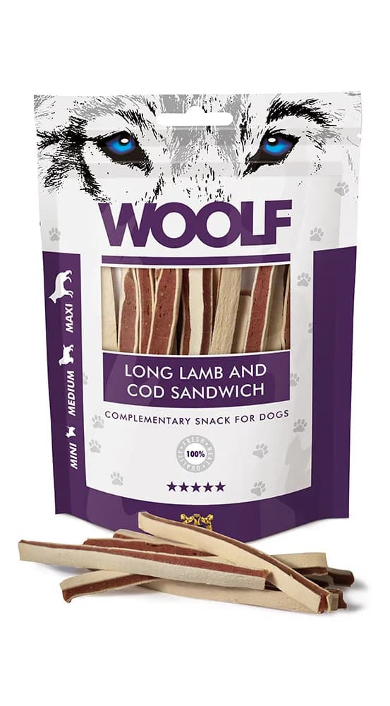 WOOLF LONG LAMB COD SANDWICH Przysmak dla Psa Jagnięcina z Dorszem 100 g