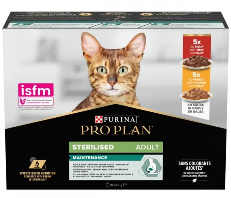 Purina Pro Plan Sterilised Adult Maintenance karma mokra z wołowiną i kurczakiem w sosie dla dorosłych kotów sterylizowanych 10 × 85 g