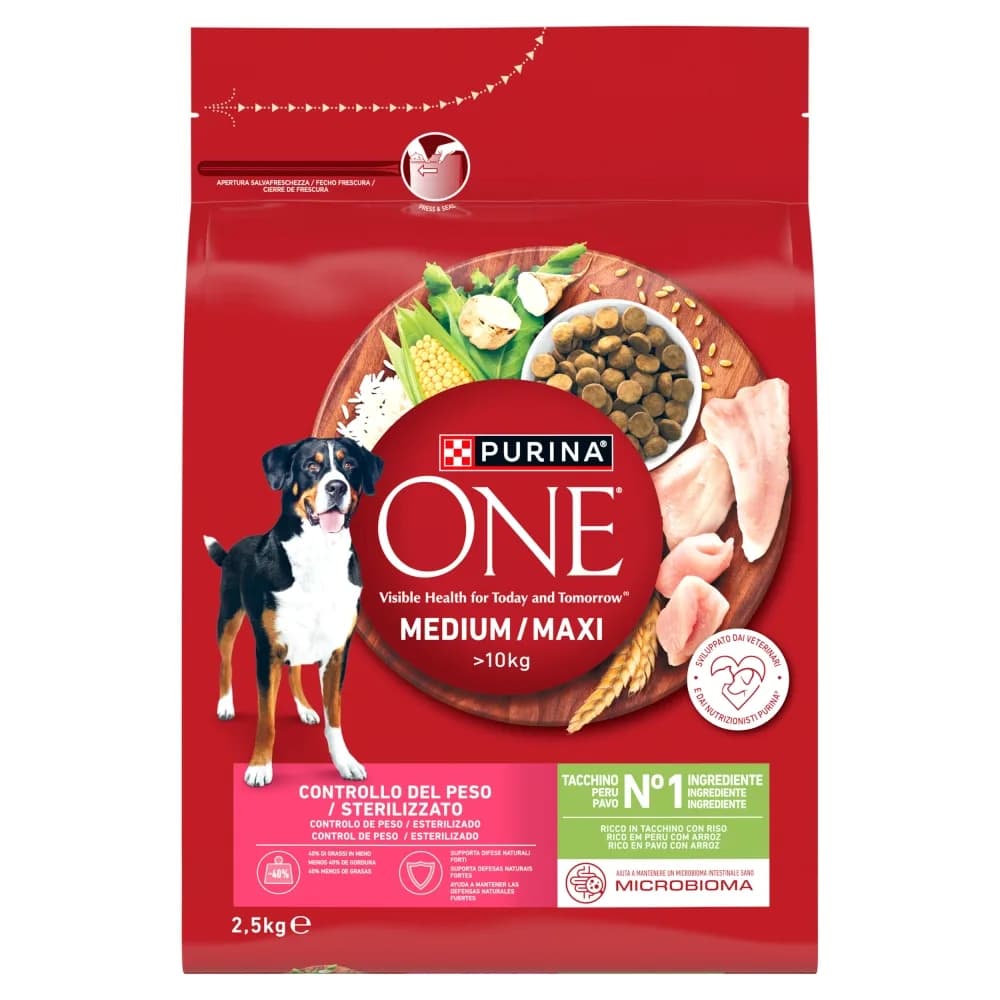 PURINA ONE Weight Control/Sterilized Medium/Maxi Karma dla psów bogata w indyka z ryżem 2,5 kg