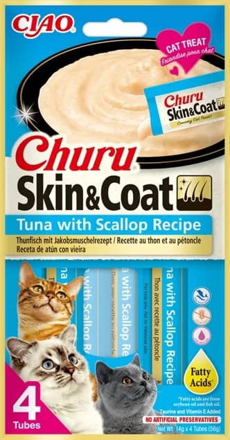 INABA CAT CHURU SKIN&COAT TUNA SCALLOP 4 × 14 g