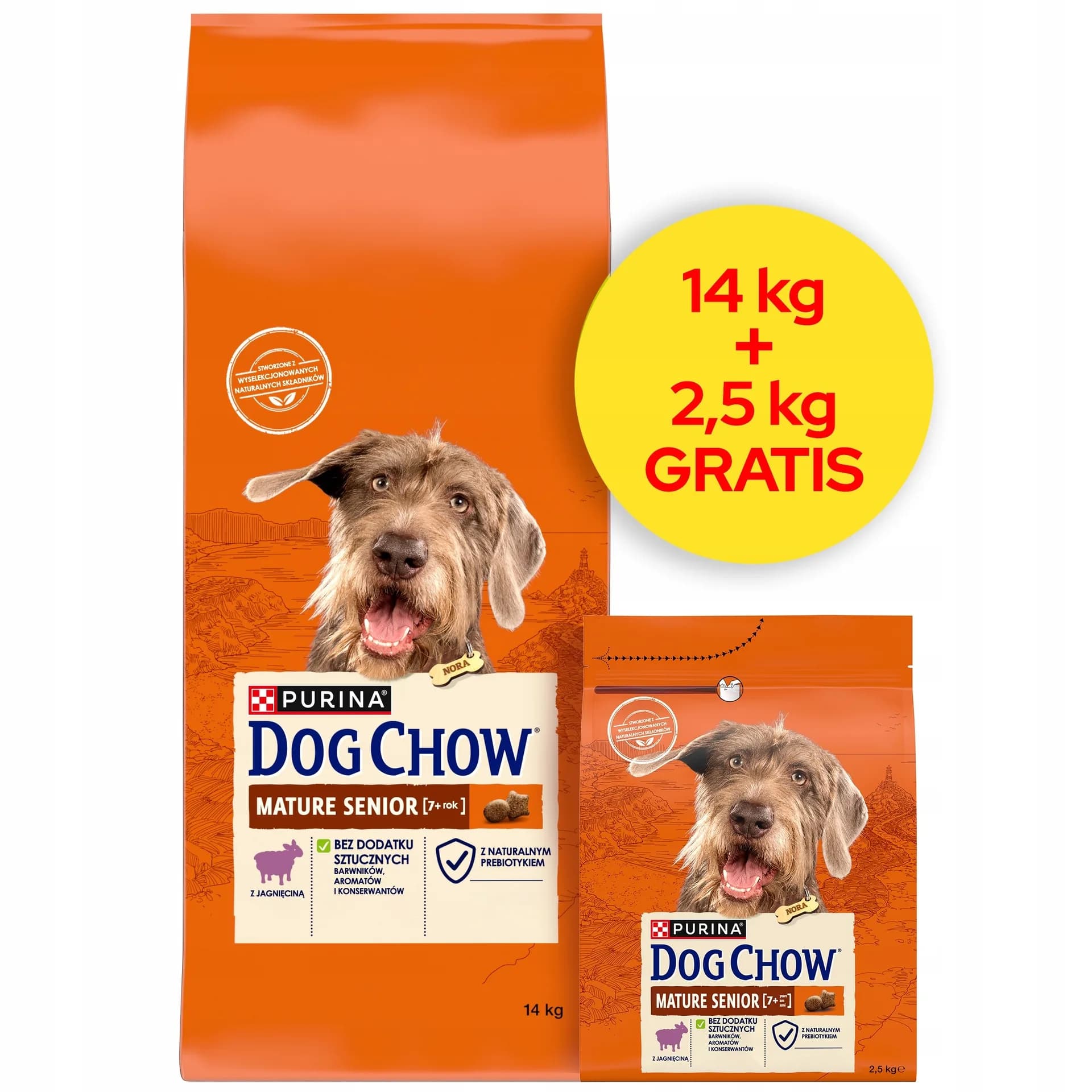 Purina Dog Chow Mature Senior karma sucha z jagnięciną dla starszych psów 14 kg + 2,5 kg
