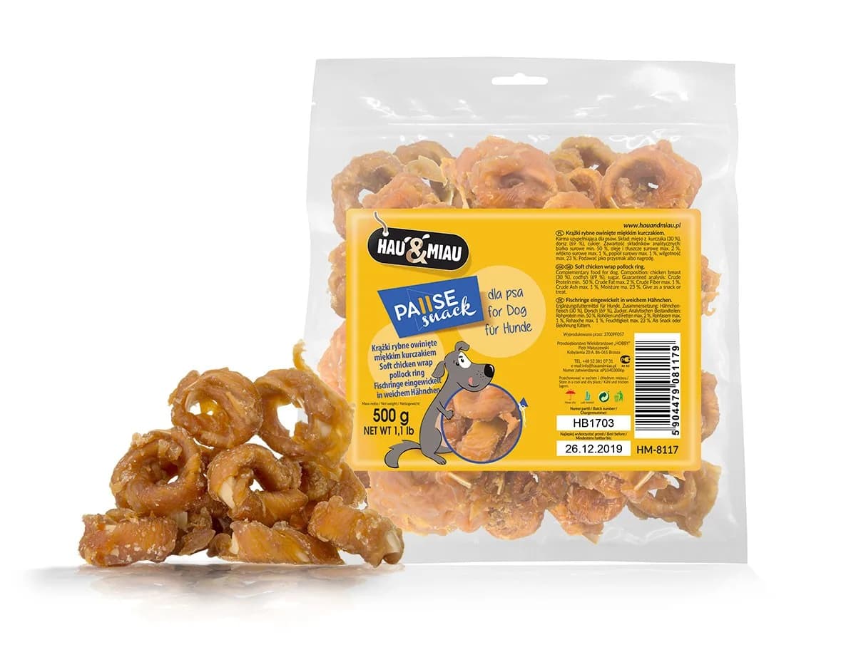 Hau&Miau Pausesnack przysmak dla psa krążki rybne owinięte miękkim kurczakiem 500 g