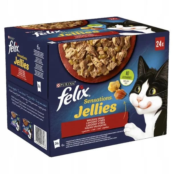 Felix Sensations Jellies Wiejskie Smaki karma mokra z wołowiną, kurczakiem, kaczką i jagnięciną w galaretce dla dorosłych kotów 24 × 85 g