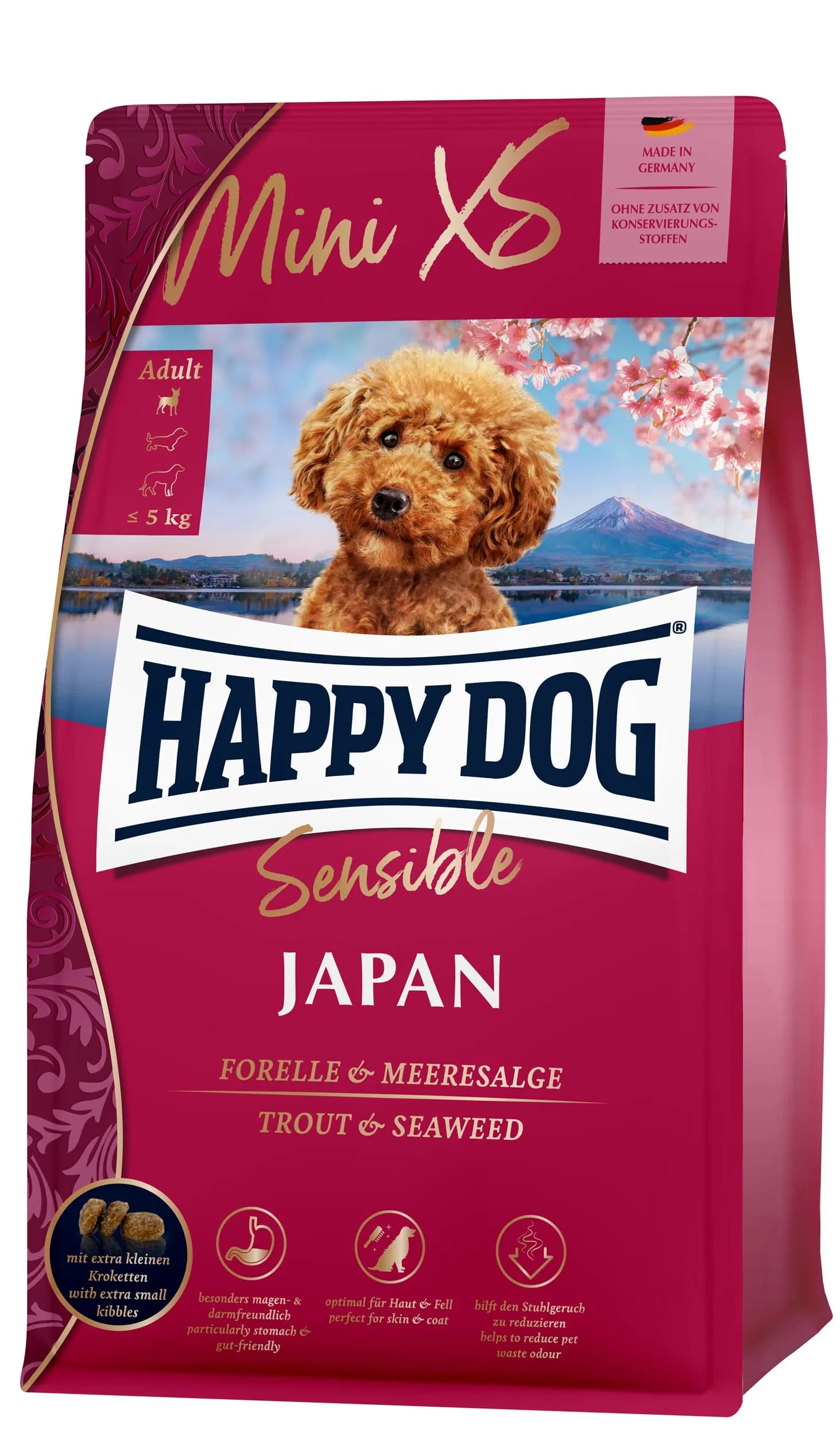 Happy Dog Sensible Mini XS Japan karma sucha z kurczakiem, pstrągiem i algami morskimi dla dorosłych psów ras miniaturowych