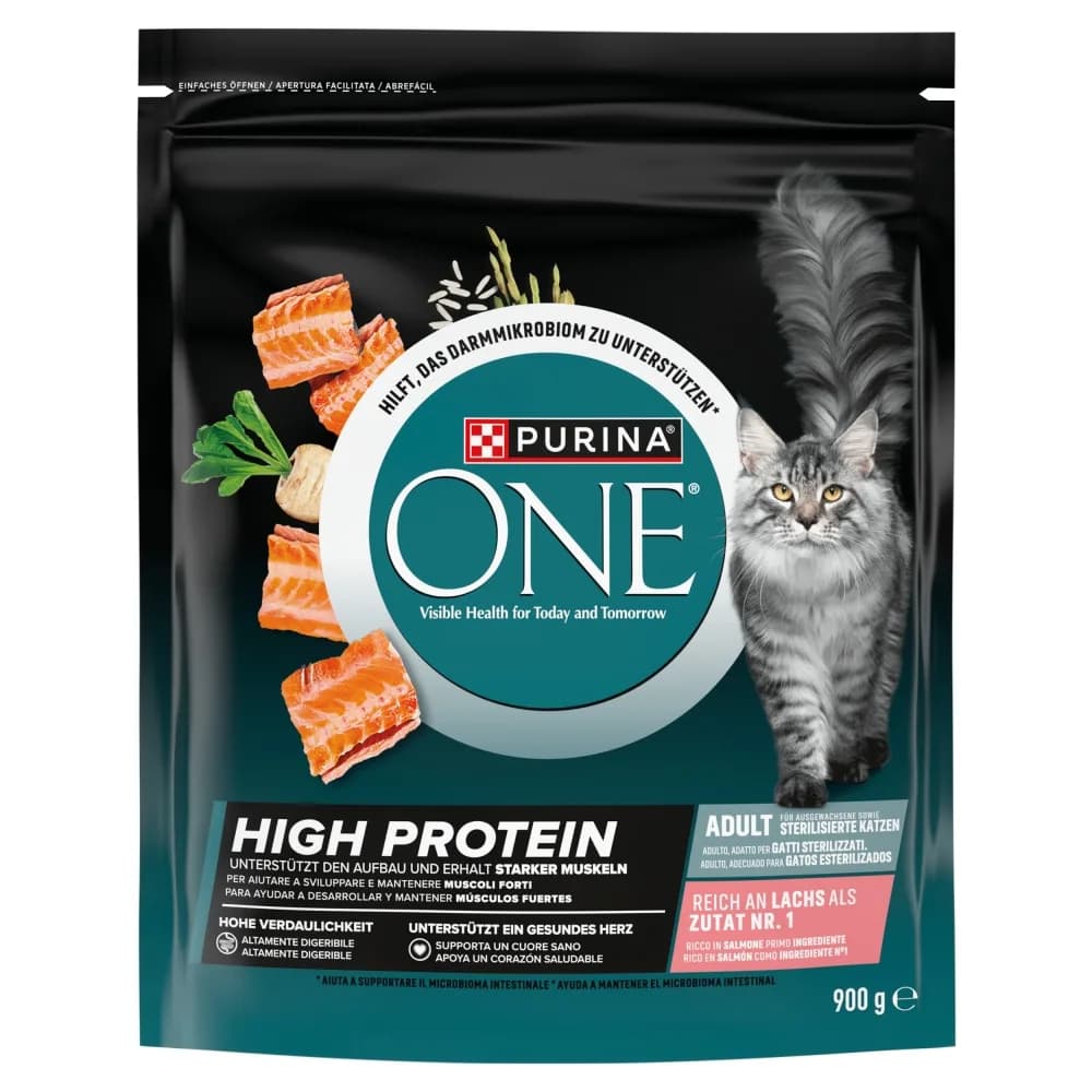 Purina ONE High Protein karma sucha z łososiem dla dorosłych kotów 900 g