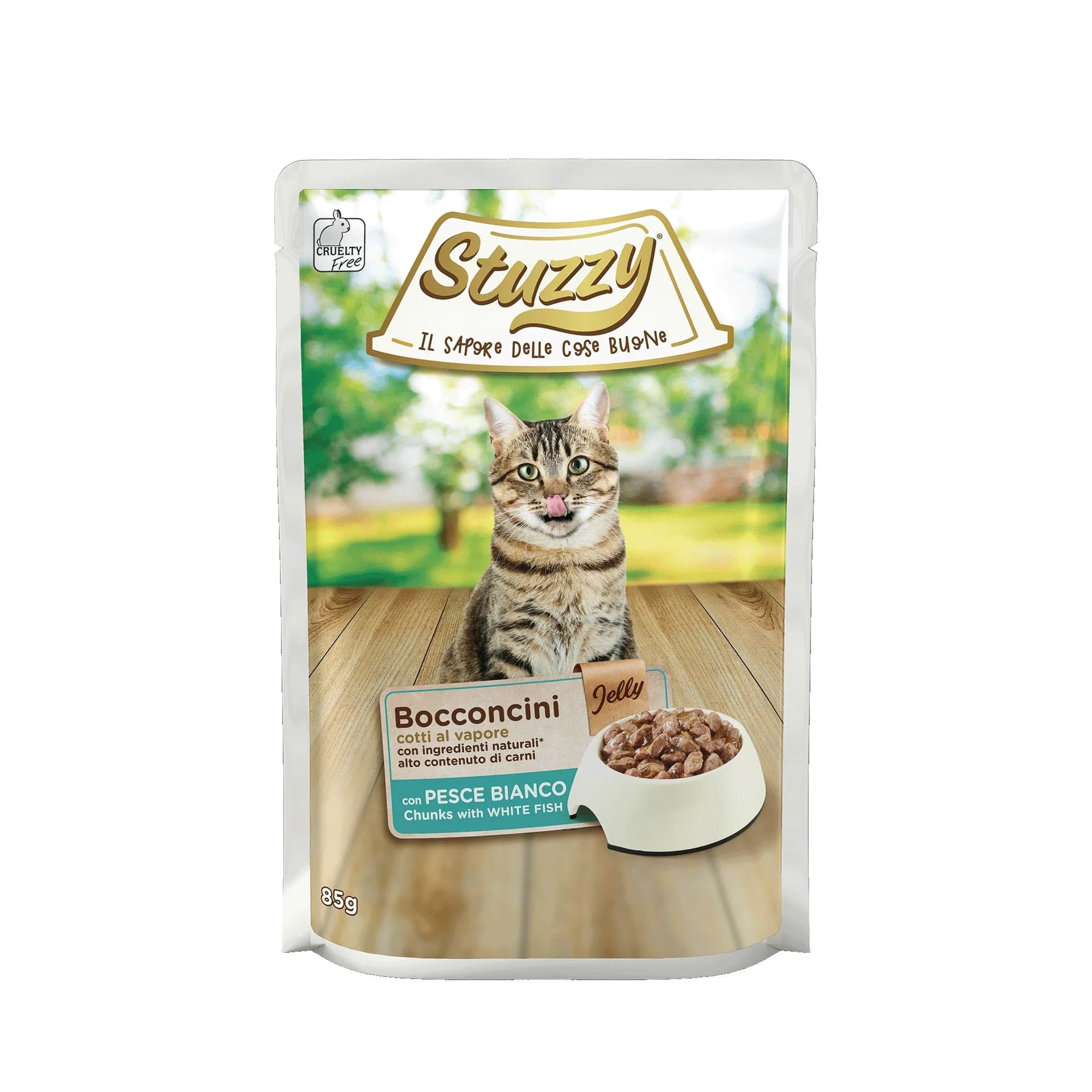 Stuzzy Bocconcini karma mokra z białą rybą w galaretce dla dorosłych kotów 85 g
