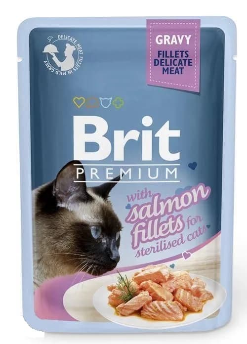 Brit Premium Pouch Gravy Fillets Delicate Meat with Salmon for Sterilised Cat mokra karma dla kotów z łososiem w sosie 85 g