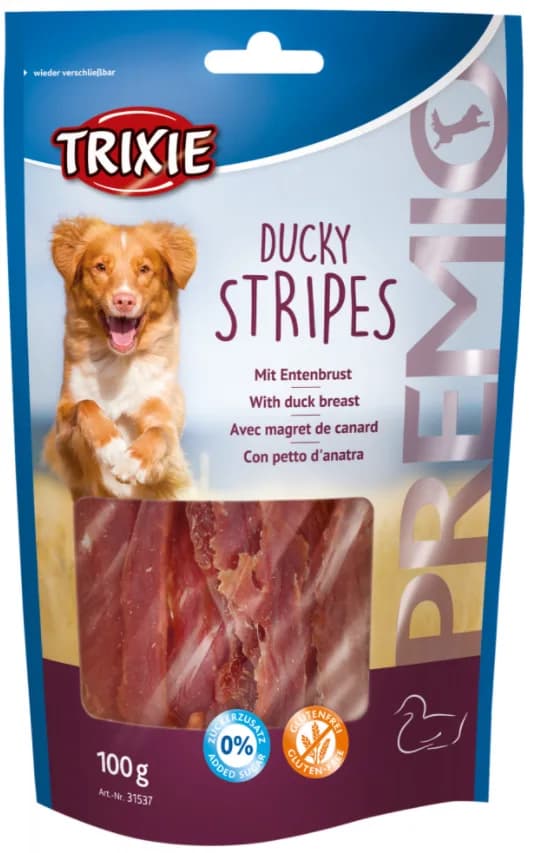 Przekąski dla psa PREMIO Ducky Stripes - piersi z kaczki 100 g