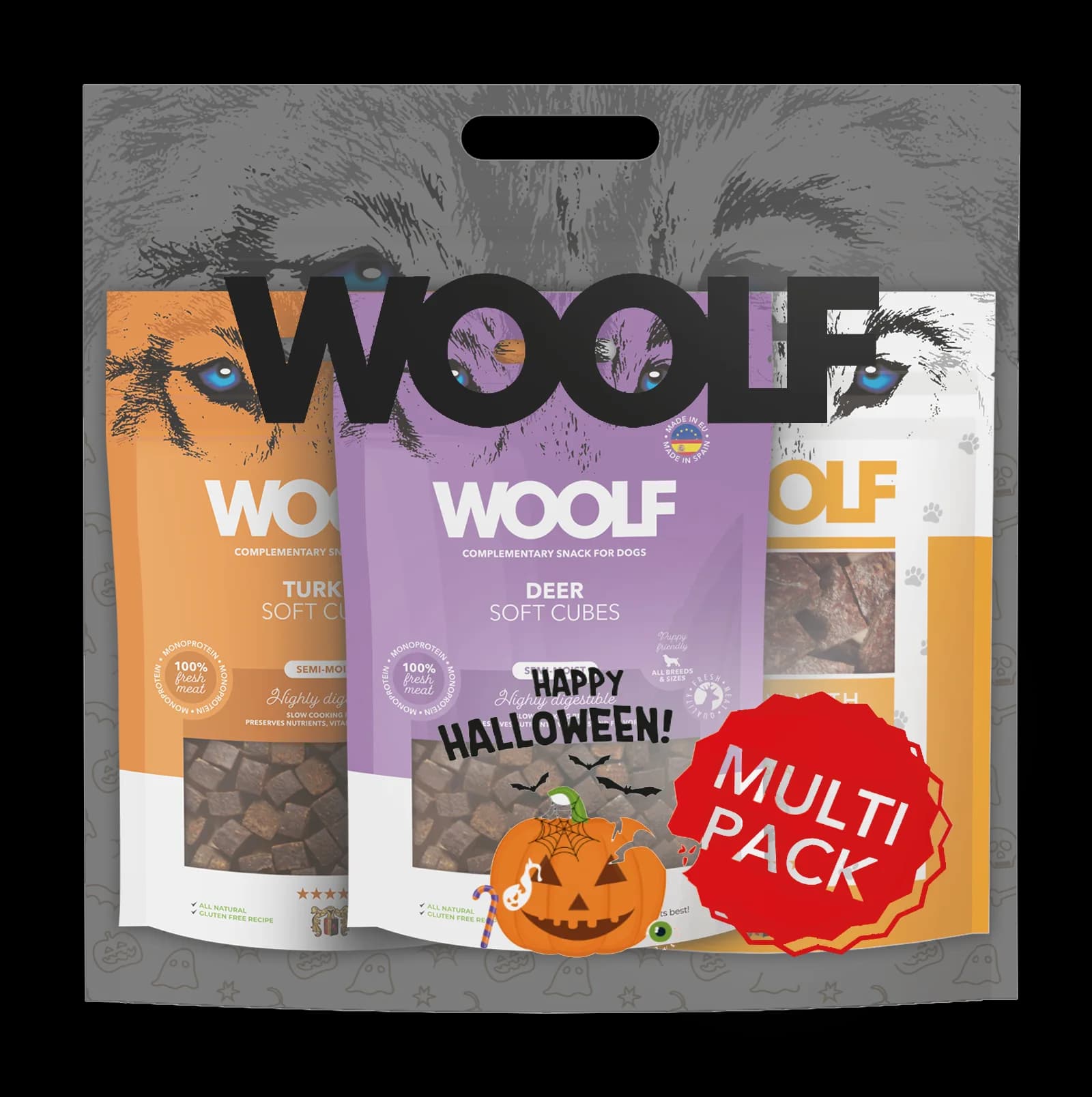 Halloweenowy Multipack WOOLF – przerażająco smaczne przekąski dla psa 3 × 100 g