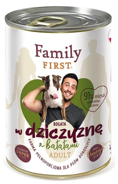 Family First Mokra karma bogata w dziczyznę z batatami dla psów dorosłych 400 g